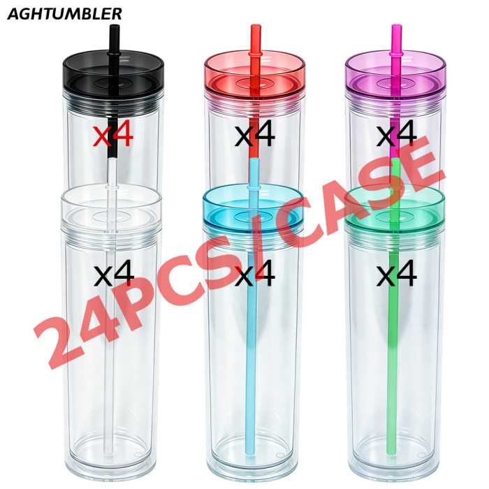 US Warehouse 16oz Double Wall clear Acrylic plastic snow globe Cup with colored lids ,pre-hole with plugs