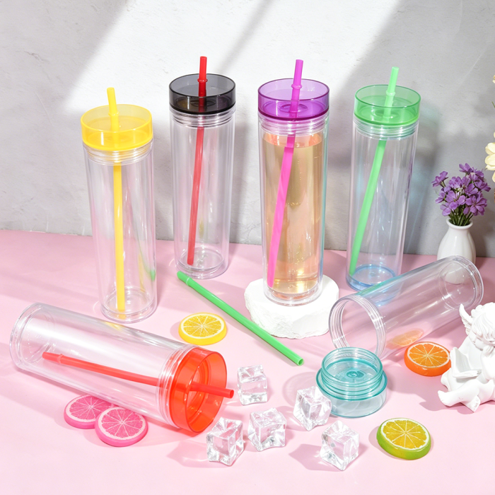 US Warehouse 16oz Double Wall clear Acrylic plastic snow globe Cup with colored lids ,pre-hole with plugs