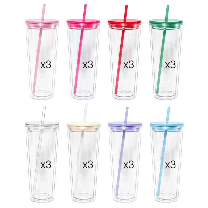 US warehosue 24oz Double Wall Acrylic Clear Snow Globe Plastic Cup Mixed Colored Lid+Straw