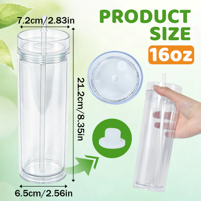 US Warehouse 16oz Double Wall clear Acrylic plastic snow globe Cup with clear lids ,pre-hole with plugs