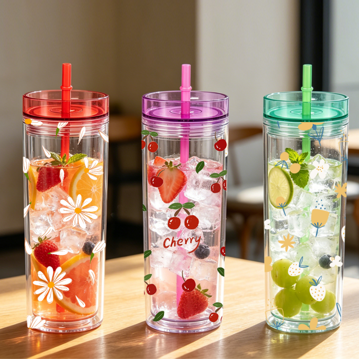 US Warehouse 16oz Double Wall clear Acrylic plastic snow globe Cup with colored lids ,pre-hole with plugs