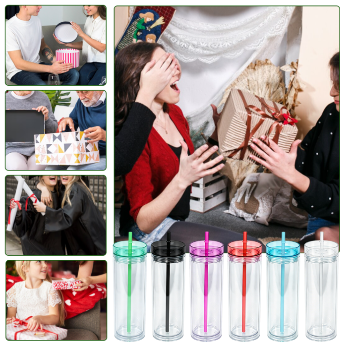 US Warehouse 16oz Double Wall clear Acrylic plastic snow globe Cup with colored lids ,pre-hole with plugs