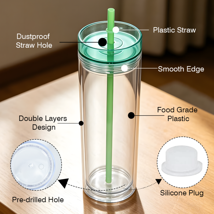US Warehouse 16oz Double Wall clear Acrylic plastic snow globe Cup with colored lids ,pre-hole with plugs