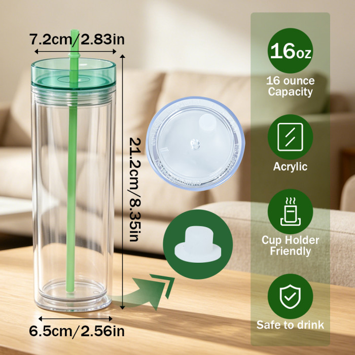 US Warehouse 16oz Double Wall clear Acrylic plastic snow globe Cup with colored lids ,pre-hole with plugs