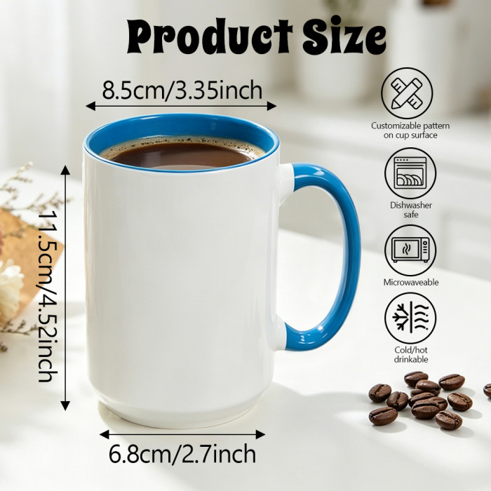 US Warehouse 15oz sublimation ceramic coffee mug with round Edge and Colored Inside and Handle