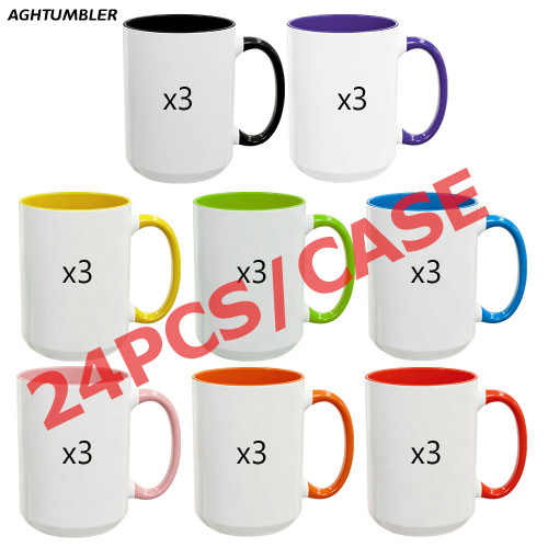 US Warehouse 15oz sublimation ceramic coffee mug with round Edge and Colored Inside and Handle