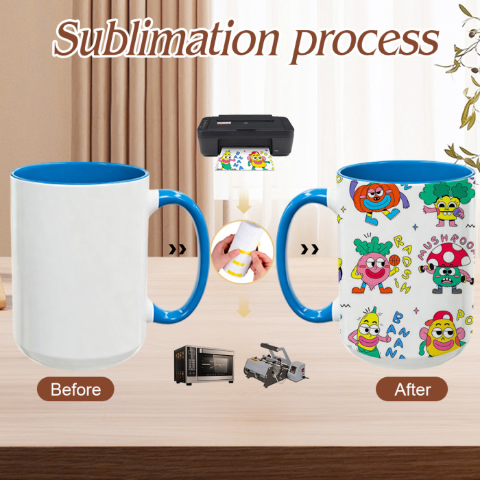 US Warehouse 15oz sublimation ceramic coffee mug with round Edge and Colored Inside and Handle