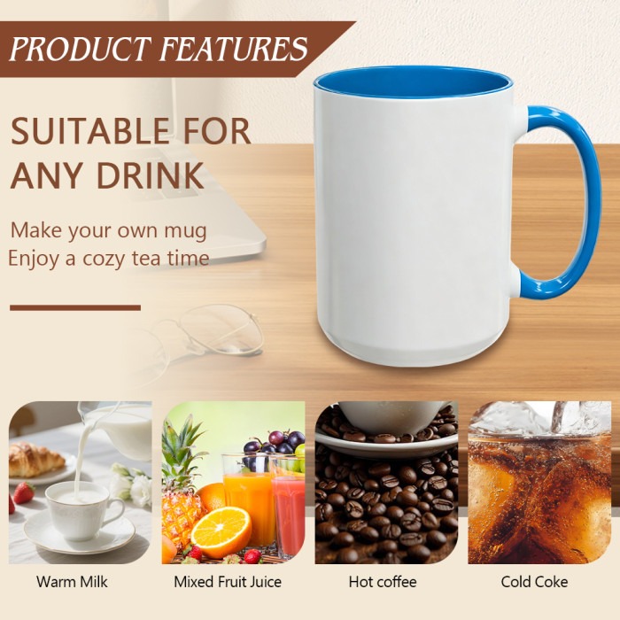 US Warehouse 15oz sublimation ceramic coffee mug with round Edge and Colored Inside and Handle