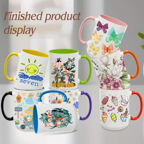 US Warehouse 15oz sublimation ceramic coffee mug with round Edge and Colored Inside and Handle