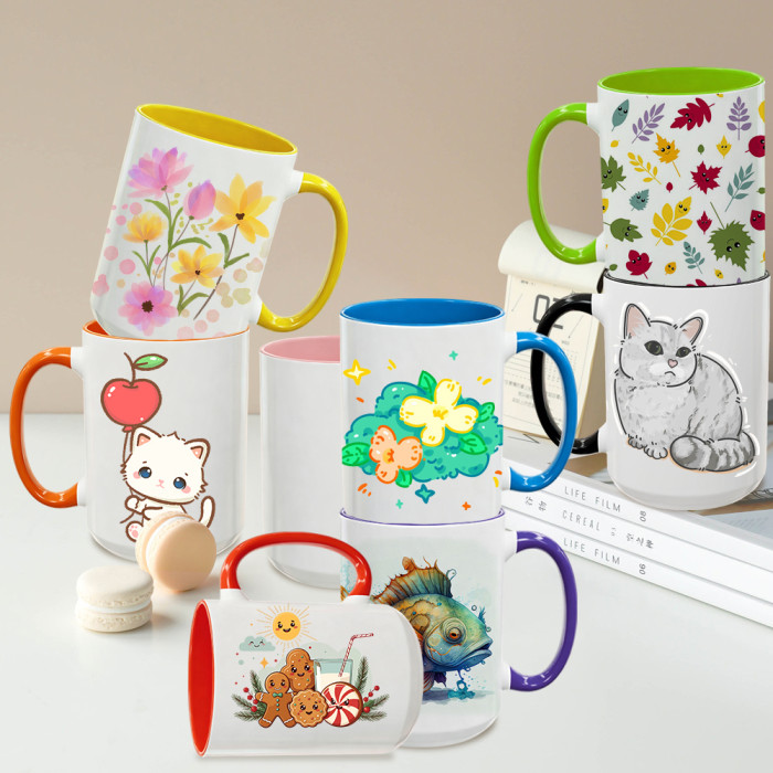 US Warehouse 15oz sublimation ceramic coffee mug with round Edge and Colored Inside and Handle