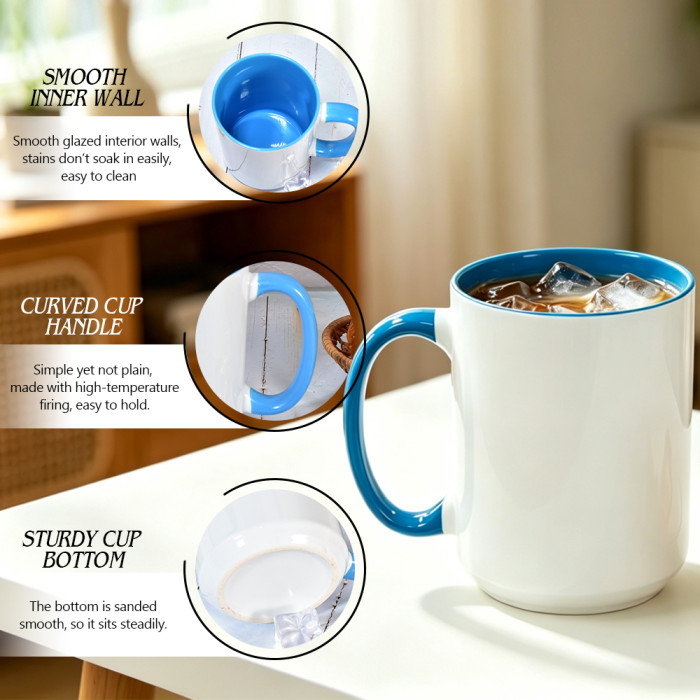 US Warehouse 15oz sublimation ceramic coffee mug with round Edge and Colored Inside and Handle