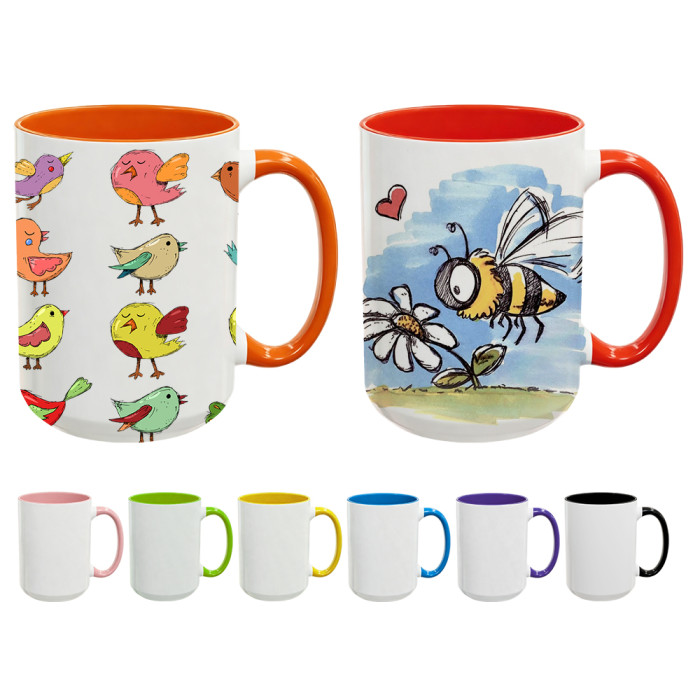 US Warehouse 15oz sublimation ceramic coffee mug with round Edge and Colored Inside and Handle