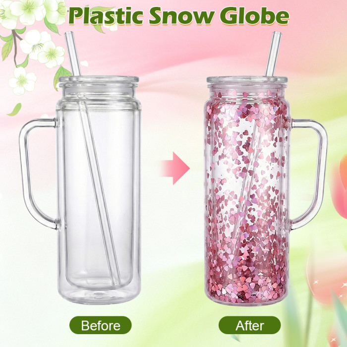 US warehosue Acrylic Plastic 20oz Double Wall Snow Globe Cup with Clear lid and handle and Plugs