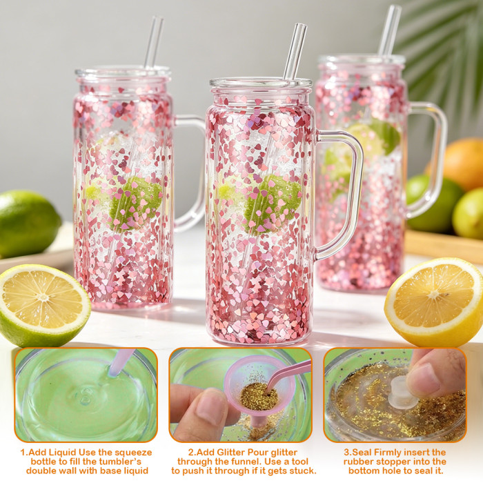 US warehosue Acrylic Plastic 20oz Double Wall Snow Globe Cup with Clear lid and handle and Plugs
