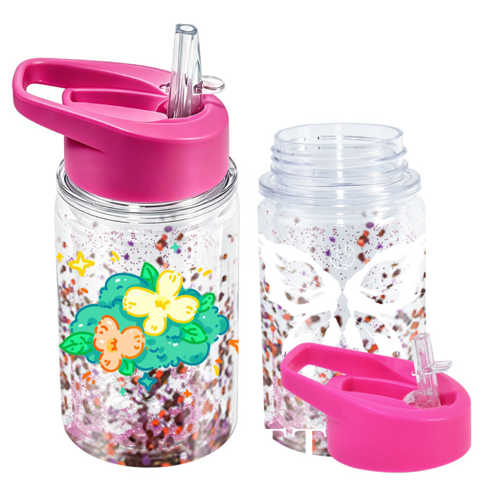 US warehosue 10oz Plastic Double Wall Snow Globe Cups Kids Water Bottle with plug,pre-hole