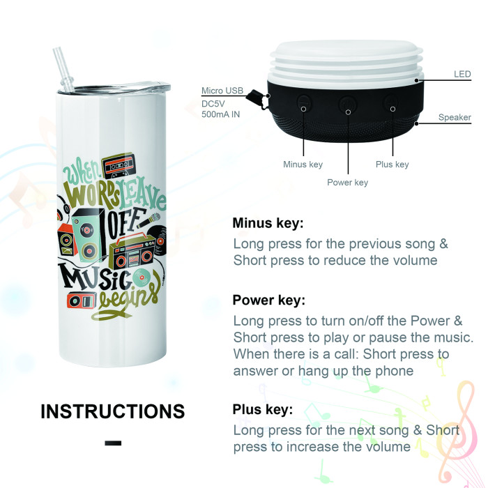 China Warehouse 20oz Sublimation Straight Tumbler with Black Speaker Music Tumbler