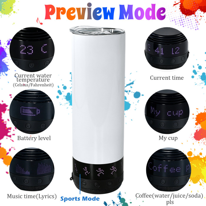 US Warehouse 20oz Sublimation Straight Tumbler with Black Speaker With LED Screen Music Tumbler