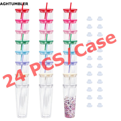 US warehosue 24oz Double Wall Acrylic Clear Snow Globe Plastic Cup Mixed Colored Lid+Straw
