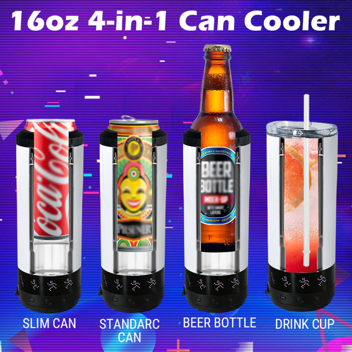 US Warehouse 16oz Sublimation 4 in 1 can cooler Speaker With LED Screen Music Tumblers