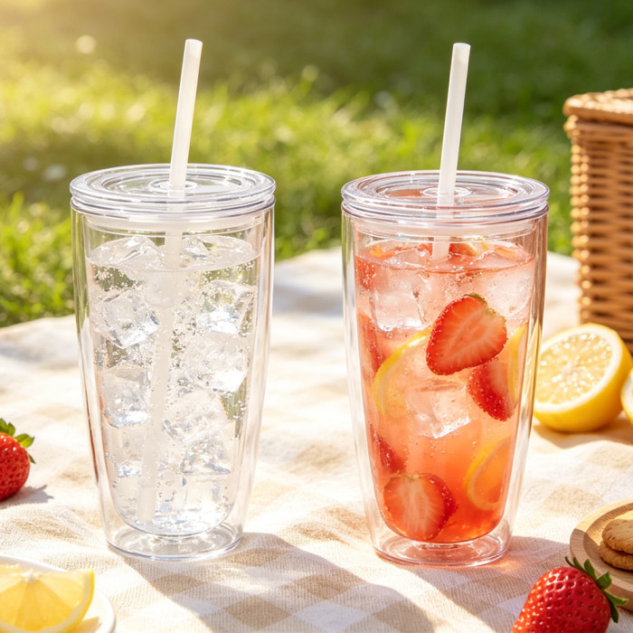 US warehosue 24oz Double Wall Acrylic Clear Snow Globe Plastic Cup with Plugs,pre-hole