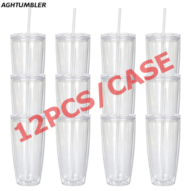 US warehosue 24oz Double Wall Acrylic Clear Snow Globe Plastic Cup with Plugs,pre-hole
