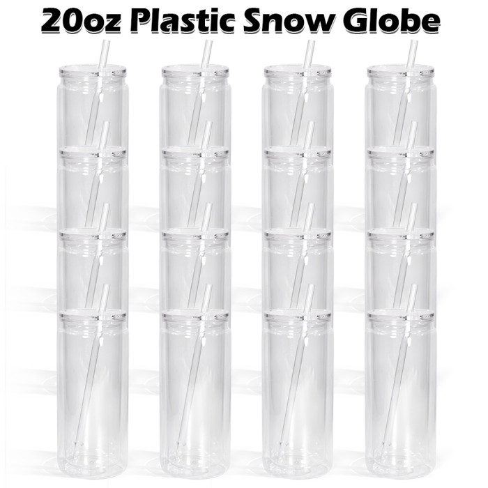 US Warehouse 20oz Double Wall clear Acrylic plastic snow globe Cup with clear lid+straw,pre-hole