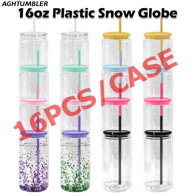 US Warehouse 16oz Double Wall clear Acrylic plastic snow globe Cup with colored lids + plugs,pre-hole