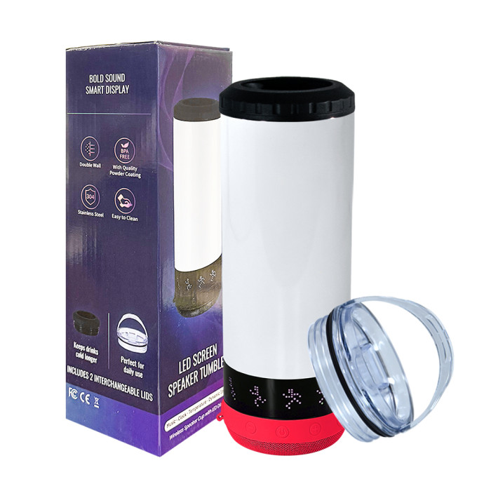 US Warehouse 16oz Sublimation 4 in 1 can cooler Speaker With LED Screen Music Tumblers