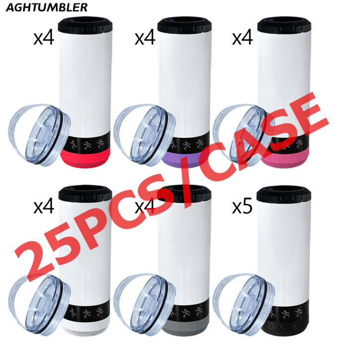 US Warehouse 16oz Sublimation 4 in 1 can cooler Speaker With LED Screen Music Tumblers