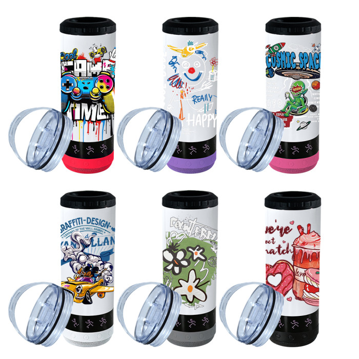 US Warehouse 16oz Sublimation 4 in 1 can cooler Speaker With LED Screen Music Tumblers