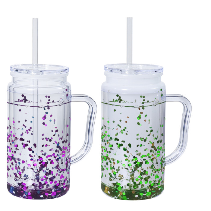 US warehosue Glow In The Dark 16oz Double Wall Plastic Cups Acrylic Snow Globe Cup with Handle