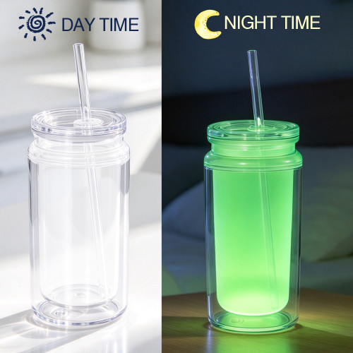 US warehosue Glow In The Dark 16oz Double Wall Plastic Cups Acrylic Snow Globe Cup