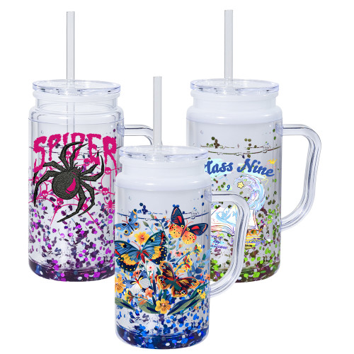 US warehosue Glow In The Dark 16oz Double Wall Plastic Cups Acrylic Snow Globe Cup with Handle