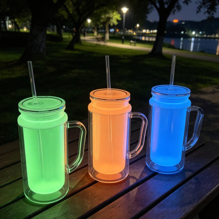 US warehosue Glow In The Dark 16oz Double Wall Plastic Cups Acrylic Snow Globe Cup with Handle