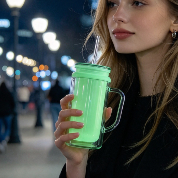 US warehosue Glow In The Dark 16oz Double Wall Plastic Cups Acrylic Snow Globe Cup with Handle
