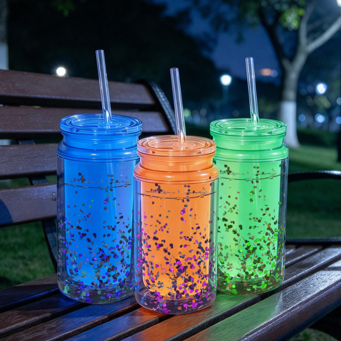 US warehosue Glow In The Dark 16oz Double Wall Plastic Cups Acrylic Snow Globe Cup