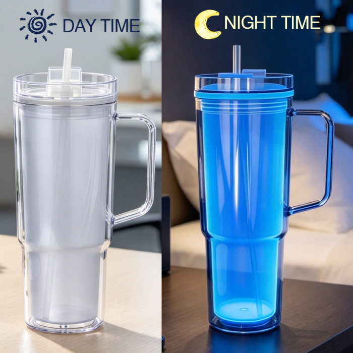 US Warehouse Glow in The Dark Double Wall 40oz clear Acrylic plastic snow globe Cup with plugs