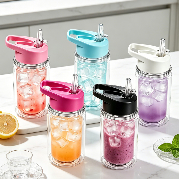 US warehosue 10oz Plastic Double Wall Snow Globe Kids Water Bottle with plug pre-hole,Cup BPA FREE