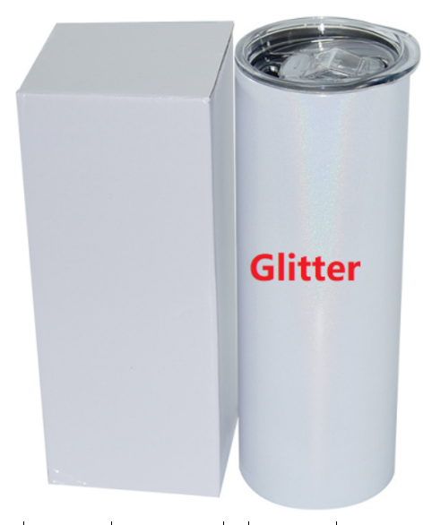 Locustsub Rady to ship 20 oz sublimation glitter shimmer straight skinny tumbler with plastic straw and lid and white box packing