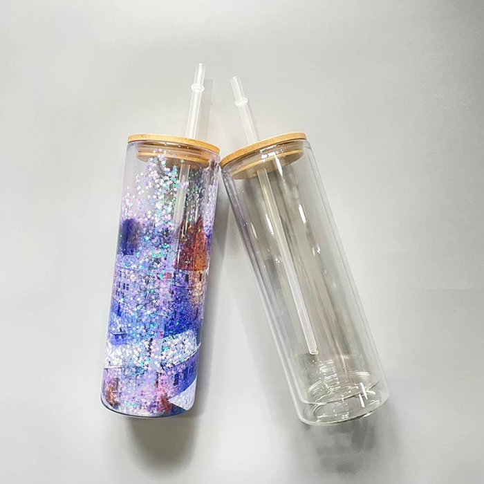 Locustsub 16oz/25oz Sublimation Double Wall Snow Globe Glass Can with Bamboo Lids and Plastic Straw,25pcs a case