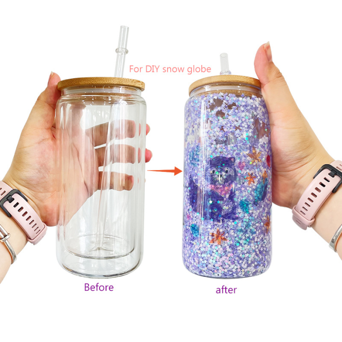 Locustsub 16oz/25oz Sublimation Double Wall Snow Globe Glass Can with Bamboo Lids and Plastic Straw,25pcs a case