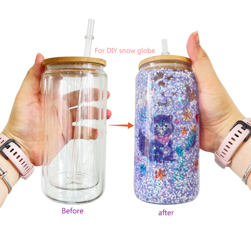 Sichuan Locust 16oz/25oz Sublimation Double Wall Snow Globe Glass Can with Bamboo Lids and Plastic Straw,25pcs a case