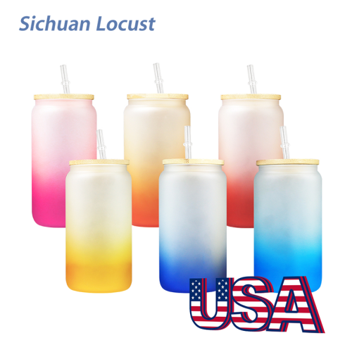 Sichuan Locust 16oz coloful sub glass can with bamboo lids,50pcs a case