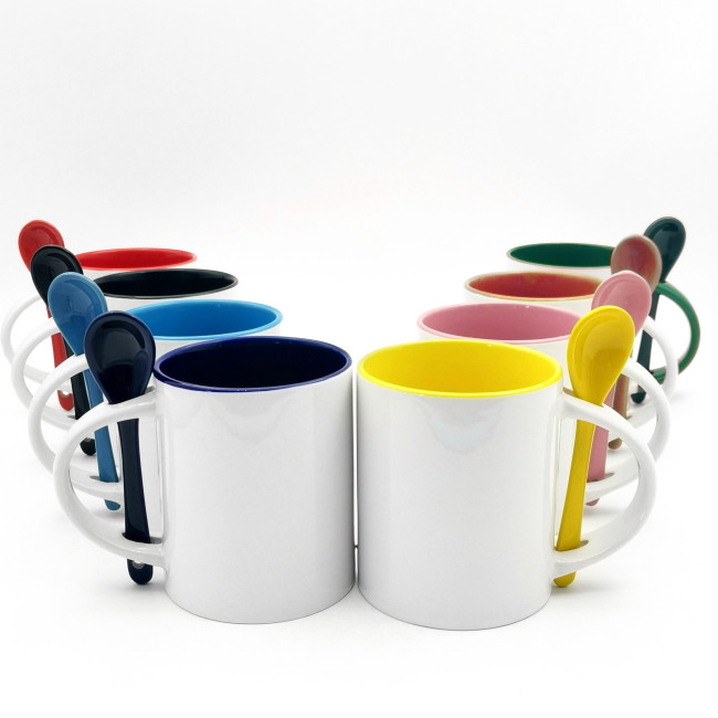 Locustsub china warehouse 11oz mix color sublimation inside colorful ceramic mug with spoon,36pcs a case