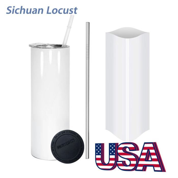 Sichuan Locust 20oz sublimation skinny tumblers with shrink wrap,metal/plaastic straw and rubber bottom