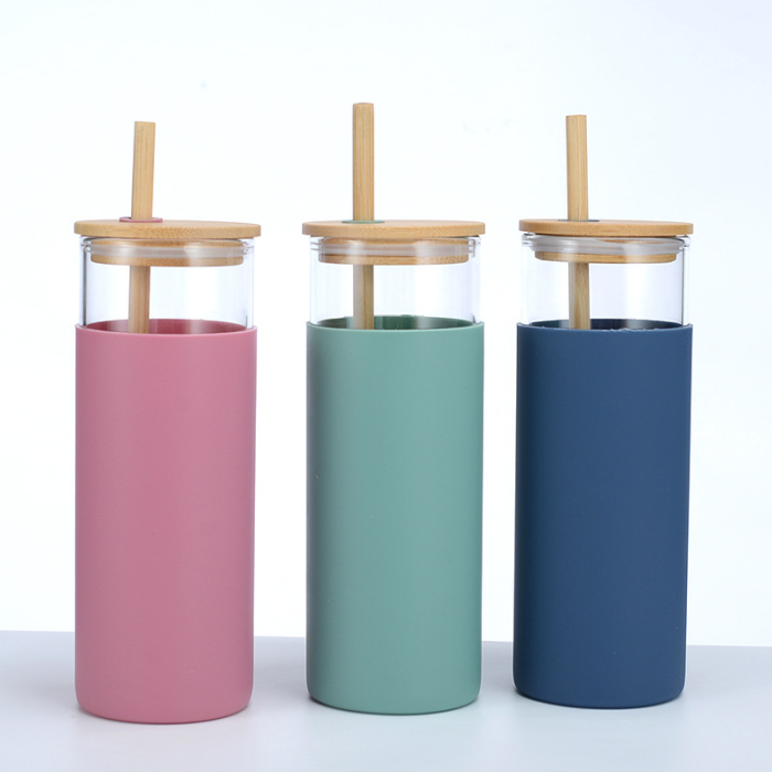Locustsub Chinese Warehouse Mix Color Single layer Glass Bottle With Bamboo Lids And Silicon Rubber Case