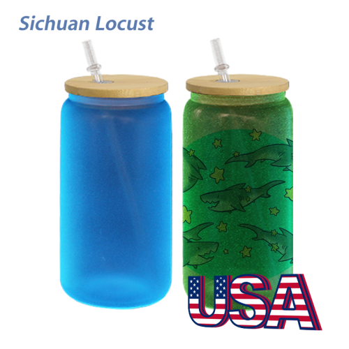 Sichuan Locust 16oz mix color glow in the dark sublimation glass with plastic straw and bamboo lid,50pcs a case