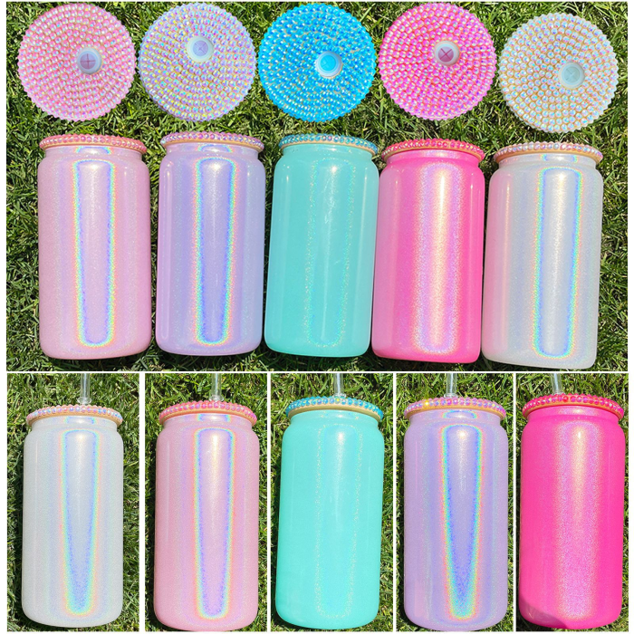 Locustsub 16oz Sublimation Mix Color Shimmer Glass Can With Diamond Lids,50pcs/case