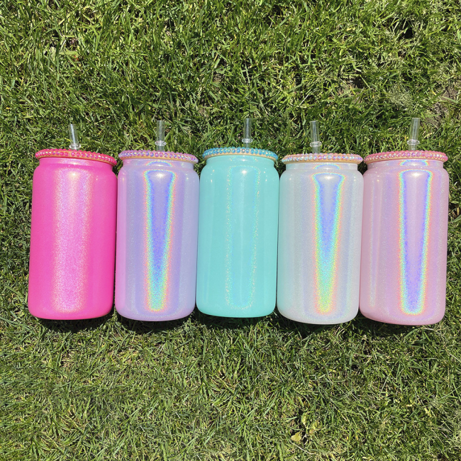 Locustsub 16oz Sublimation Mix Color Shimmer Glass Can With Diamond Lids,50pcs/case