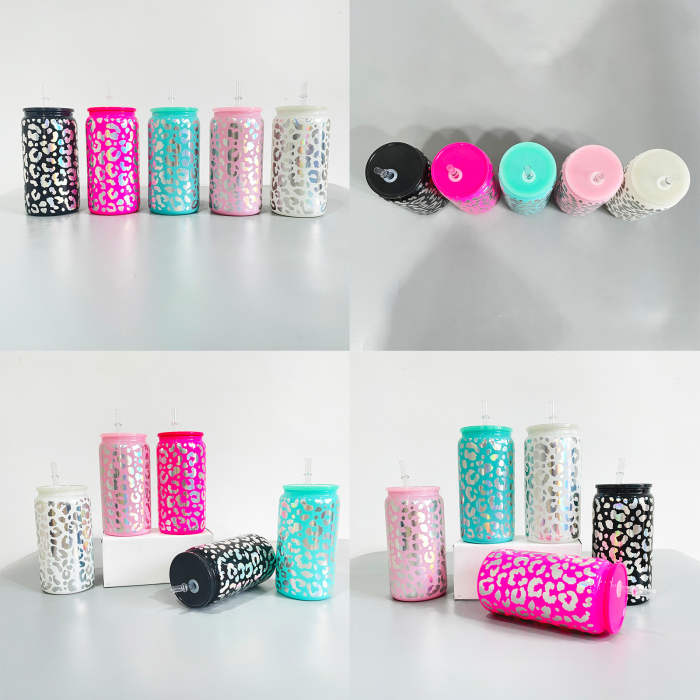 Locustsub Chinese Warehouse 16oz Mix Color Holographic Leapard Glass Can,50pcs/case